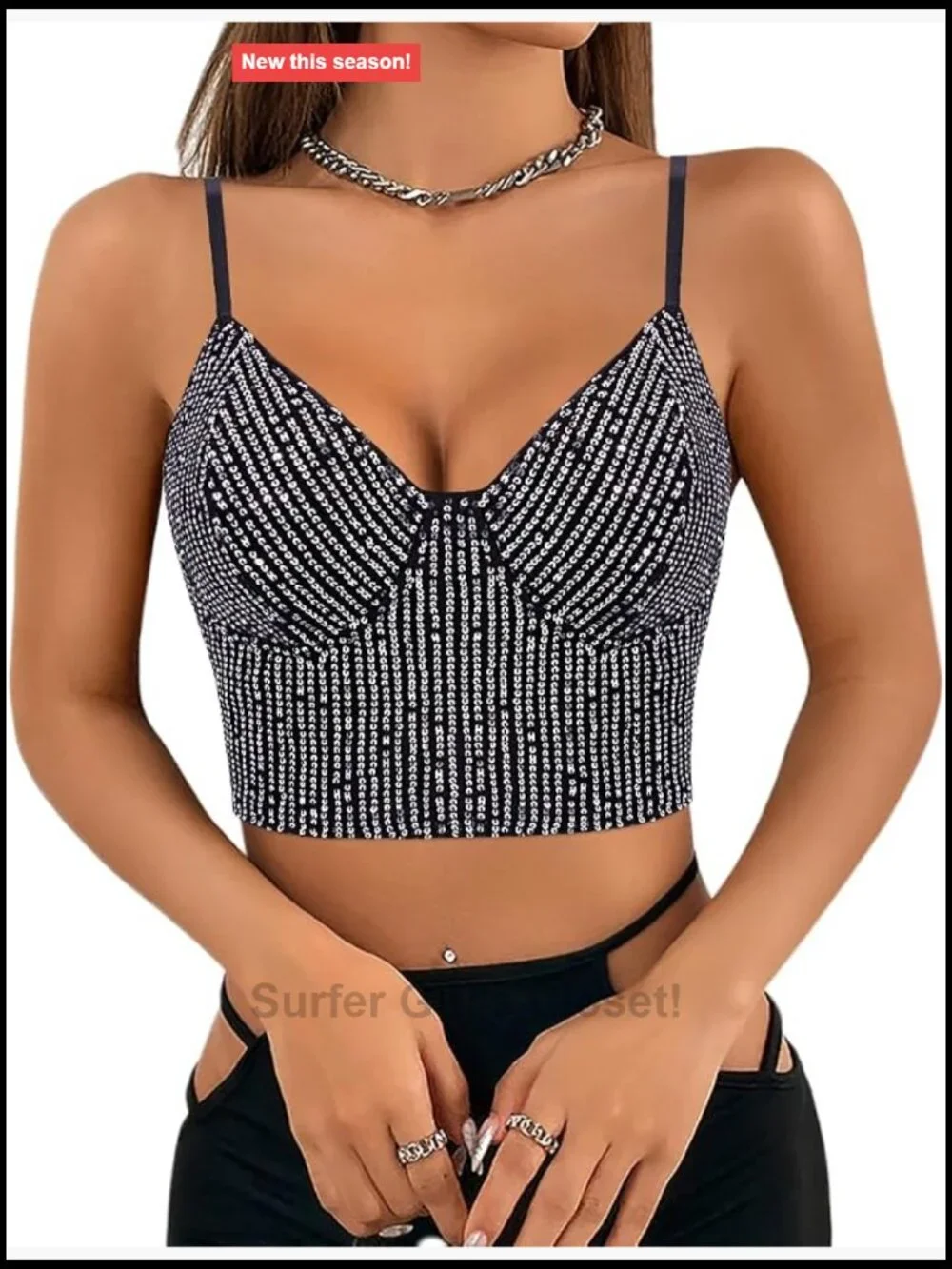 Sequin Crop Top V-Neck Spaghetti Strap Sleeveless Rhinestone Tassel Sparkly